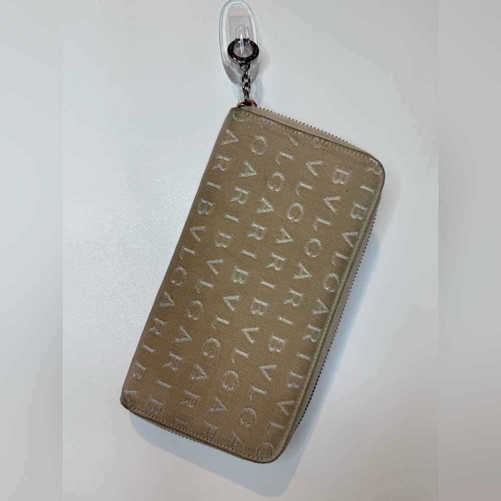 Authentic Bvlgari Tan Canvas (Leather Interior) Zip Around Wallet / Clutch